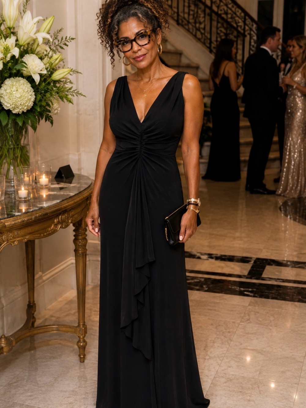 JS Boutique Black Ruched V-Neck Maxi Dress